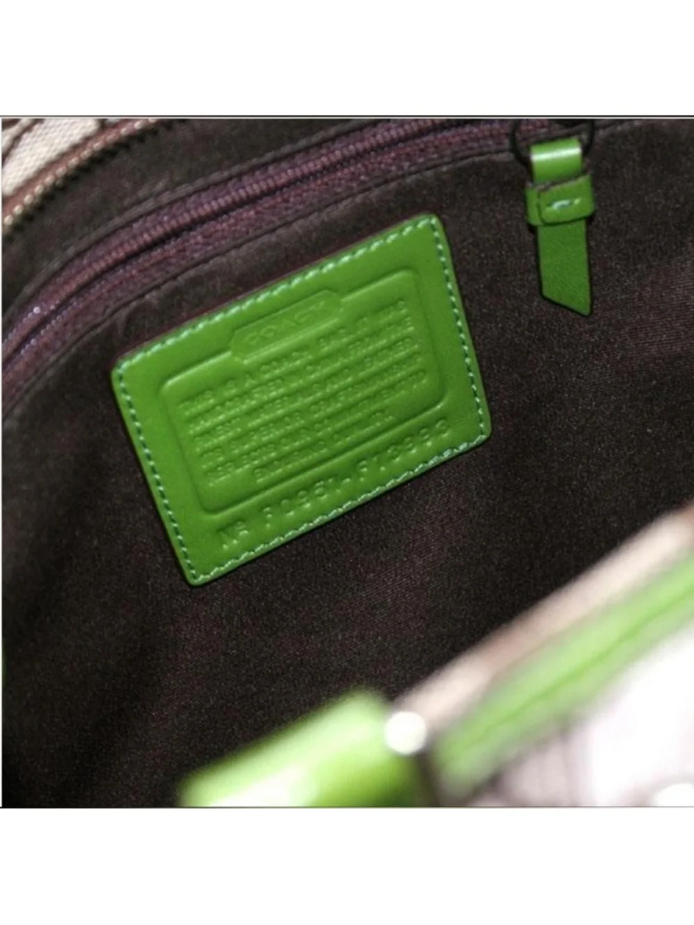 Coach Beige Signature Canvas Tote with Green Trim and Zebra Stripe